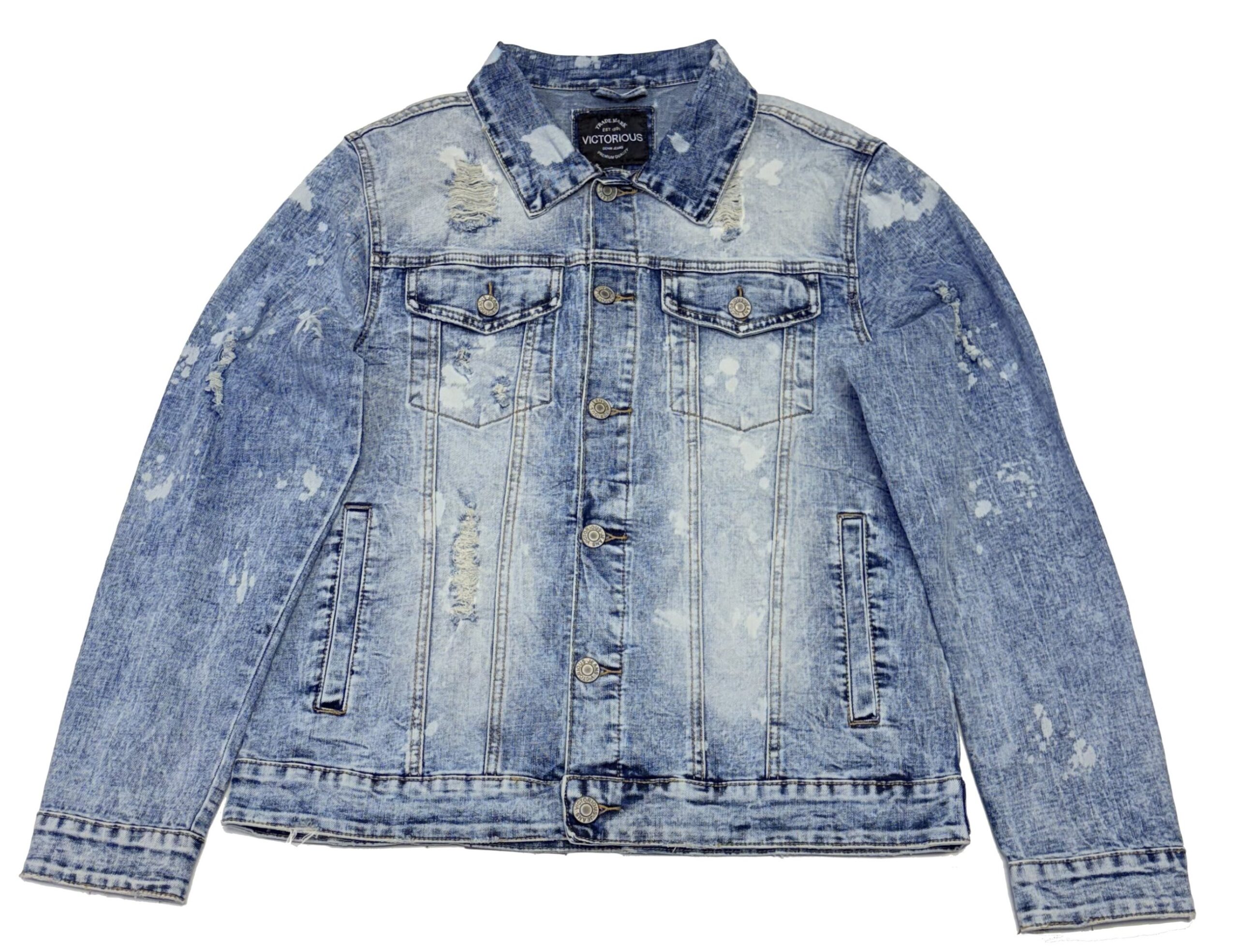 Victorious Denim Jacket Color: Glacier Blue Style# DK179 Acid washed, Distressed, metal buttons, two front side pockets two chest pockets.